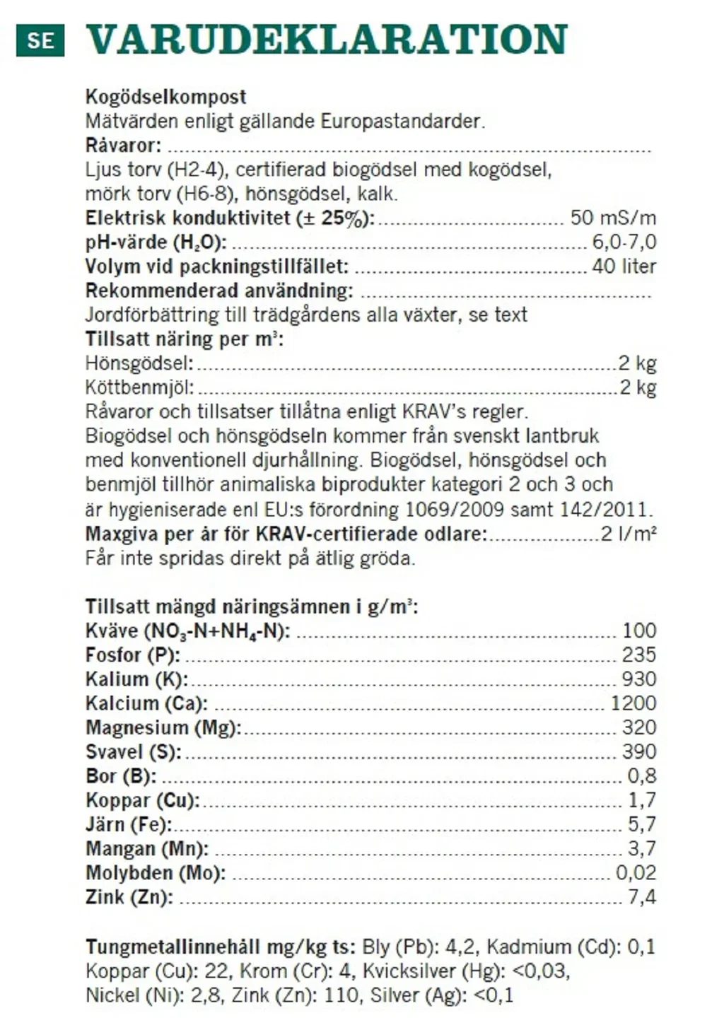 Cow manure compost KRAV 40L SE